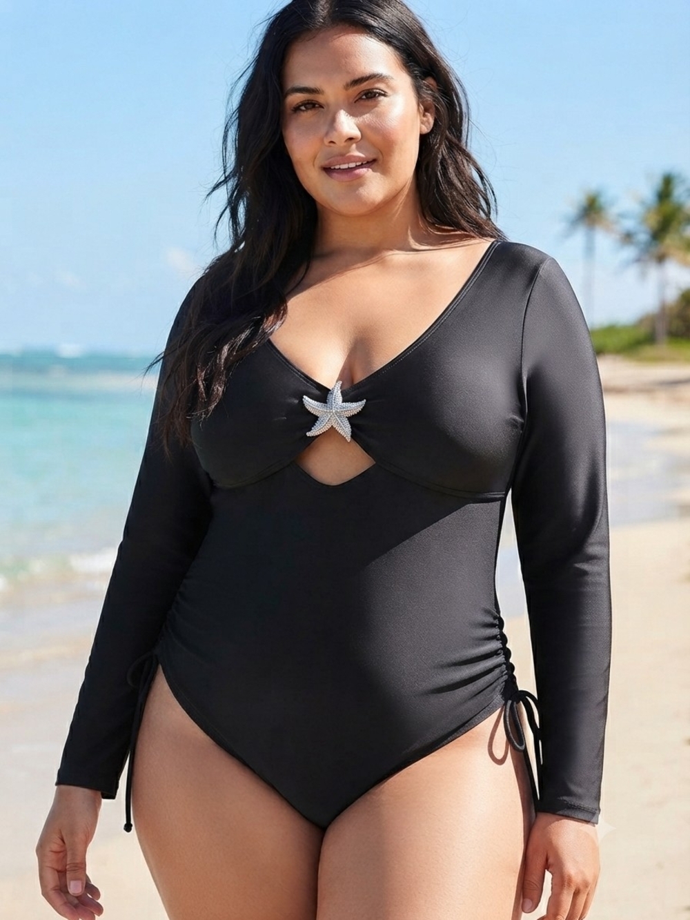 No Boundaries Black Long-Sleeve One-Piece Swimsuit with Star Accent